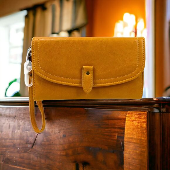 Isabella Wristlet Cell Phone Wallet Compact Purse Yellow Dust Vegan Leather NWT - Picture 8 of 14